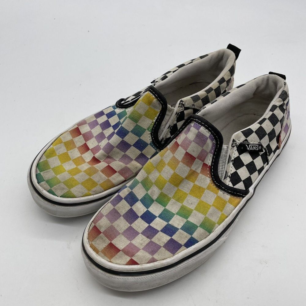 VANS Off the Wall Girl Boy Slip on Skateboard Shoes‎ Size 4 Rainbow Checkerboard